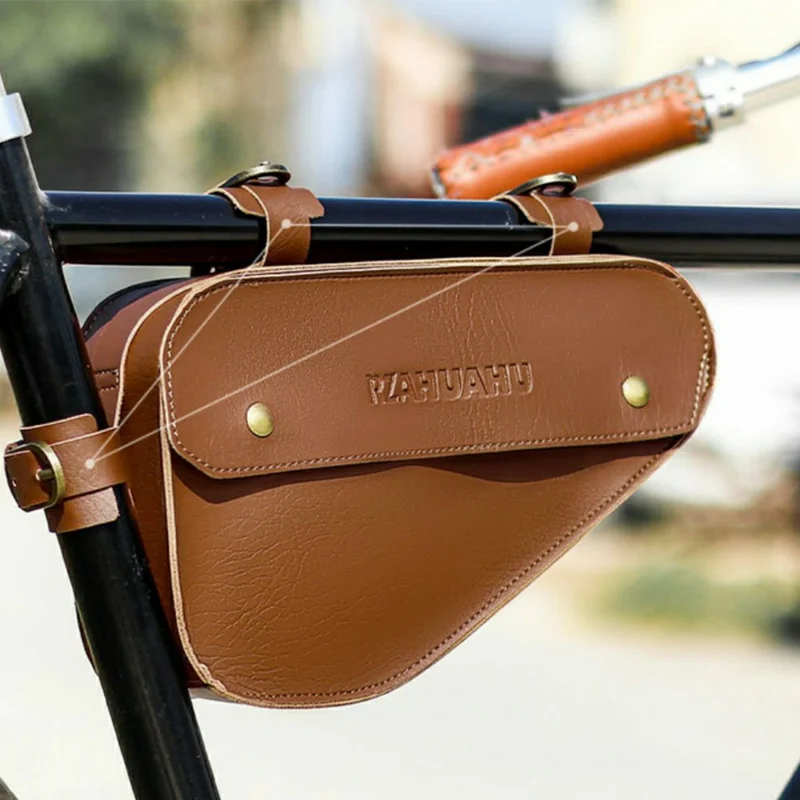 RZAHUAHU YA682 1.5L Waterproof PU Leather Bicycle Frame Bag Triangle Storage for Cycling - Dark Brown