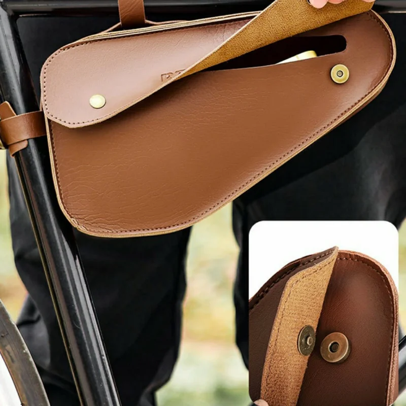 RZAHUAHU YA682 1.5L Waterproof PU Leather Bicycle Frame Bag Triangle Storage for Cycling - Dark Brown