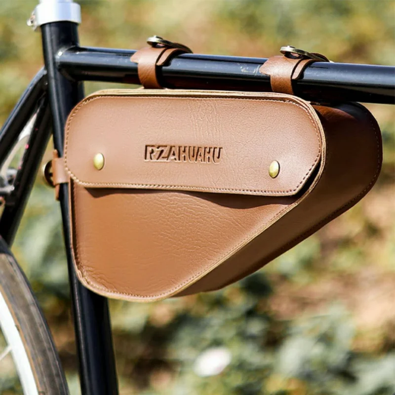 RZAHUAHU YA682 1.5L Waterproof PU Leather Bicycle Frame Bag Triangle Storage for Cycling - Dark Brown
