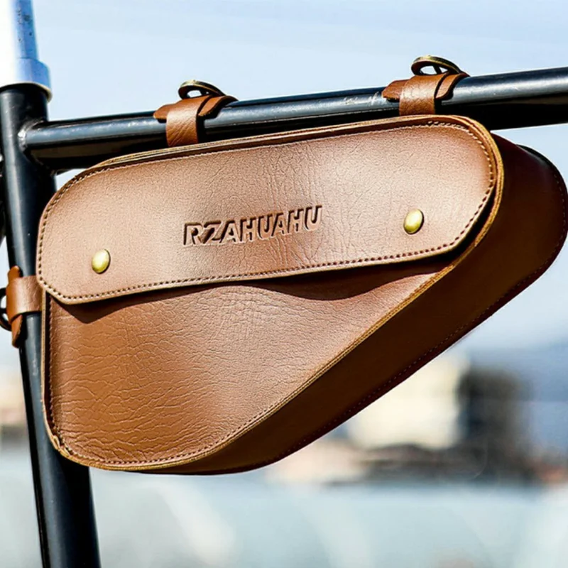 RZAHUAHU YA682 1.5L Waterproof PU Leather Bicycle Frame Bag Triangle Storage for Cycling - Dark Brown
