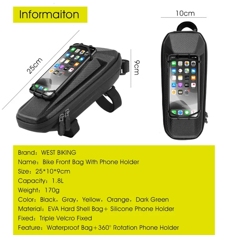 WEST BIKING YP0707263 Bolsa de Cuadro Delantera para Bicicleta Impermeable con Soporte para Teléfono Móvil - Negro