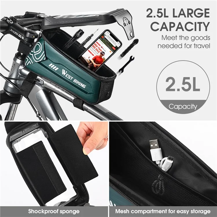 WEST BIKING YP0707275 2.5L Bike Bicycle Top Tube Bag Front Beam Touch Screen Phone Holder Storage Bag - Blackish Green