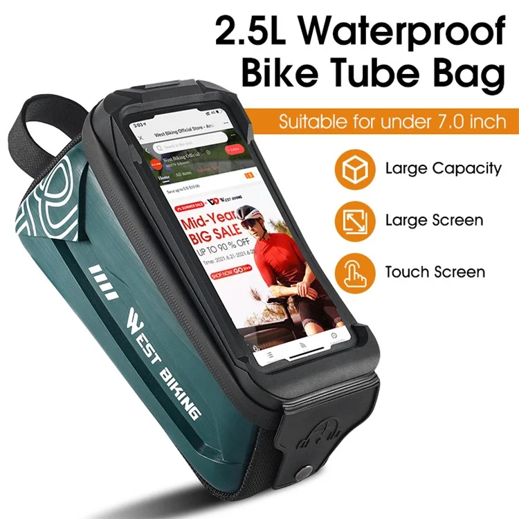 WEST BIKING YP0707275 2.5L Bike Bicycle Top Tube Bag Front Beam Touch Screen Phone Holder Storage Bag - Blackish Green