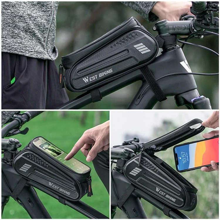 WEST BIKING YP0707283 1.5L Carbon Fiber Hard Shell Bike Phone Bag Waterproof Sensitive Touch Screen Front Frame Phone Bag