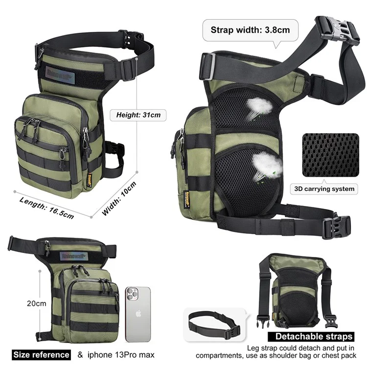 Rinowalk Mt102 Bolso de Pierna en Ciclismo Bolso de Cintura Multifunción Bolsas de Cofre Bolsas Cruzadas de Cuerpo de Pesca al Aire Libre Pesca en Ciclismo Bolsas de Cadera - Ejercito Verde