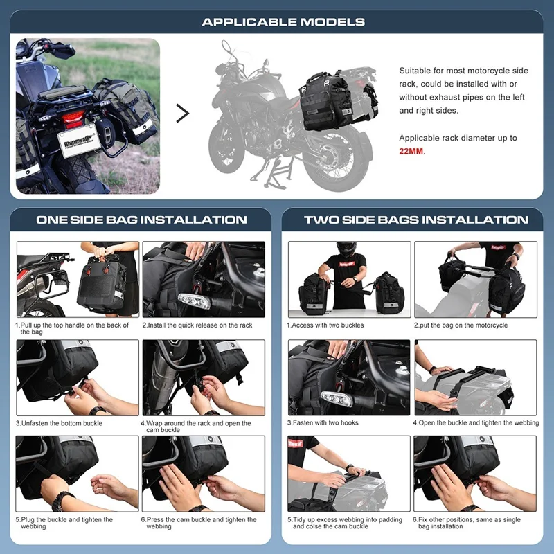 RHINOWALK MT2040 20L Quick Release Motorbike Side Storage Bag Polyester Motorcycle Luggage Pannier Bag - Black