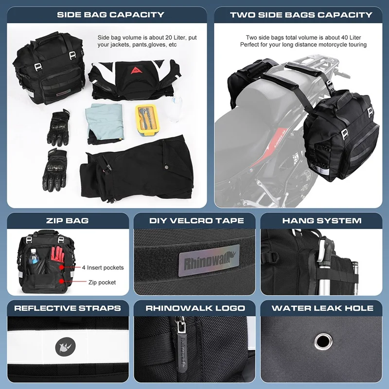 RHINOWALK MT2040 20L Quick Release Motorbike Side Storage Bag Polyester Motorcycle Luggage Pannier Bag - Black