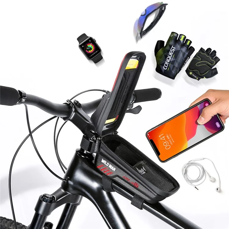 WILD MAN E12 PU+EVA+TPU Bike Top Tube Bag 1L Bicycle Front Frame Bag Waterproof Phone Storage Pouch for MTB - Black