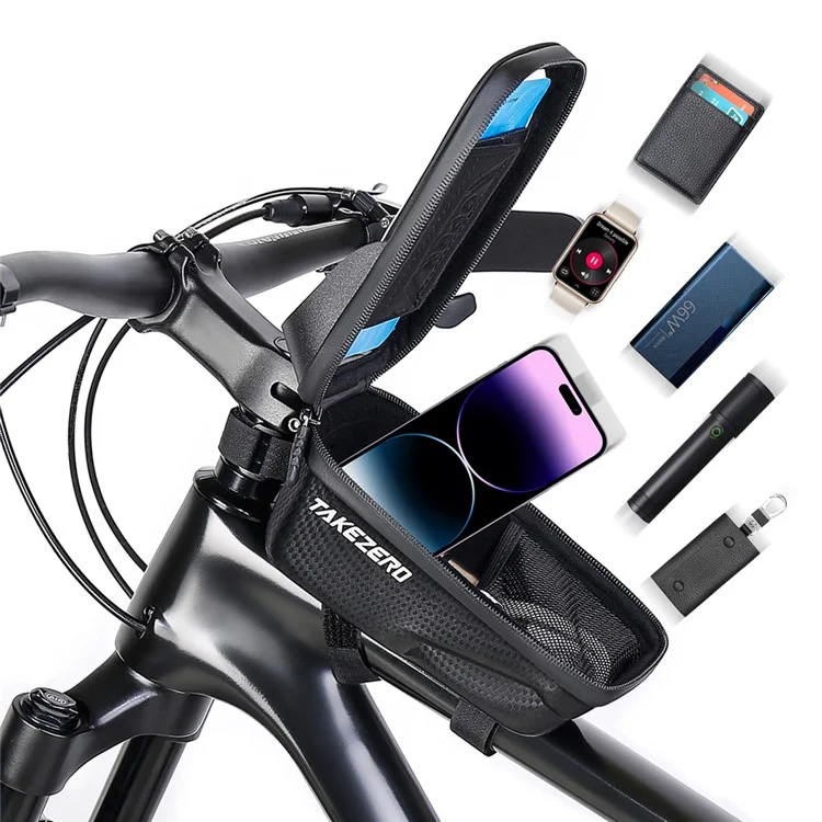 TAKEZERO A2 Funda de Teléfono para Bicicleta de Montaña y de Carretera, Bolsa con Cremallera para Tubo Delantero, PU+TPU+Hard EVA