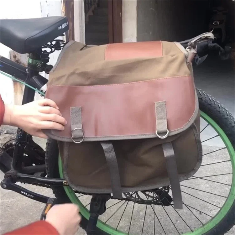 Canvas+Leather MTB Bike Pannier Pack Outdoor Travel Storage Bag Bicycle Rear Rack Bag - Khaki