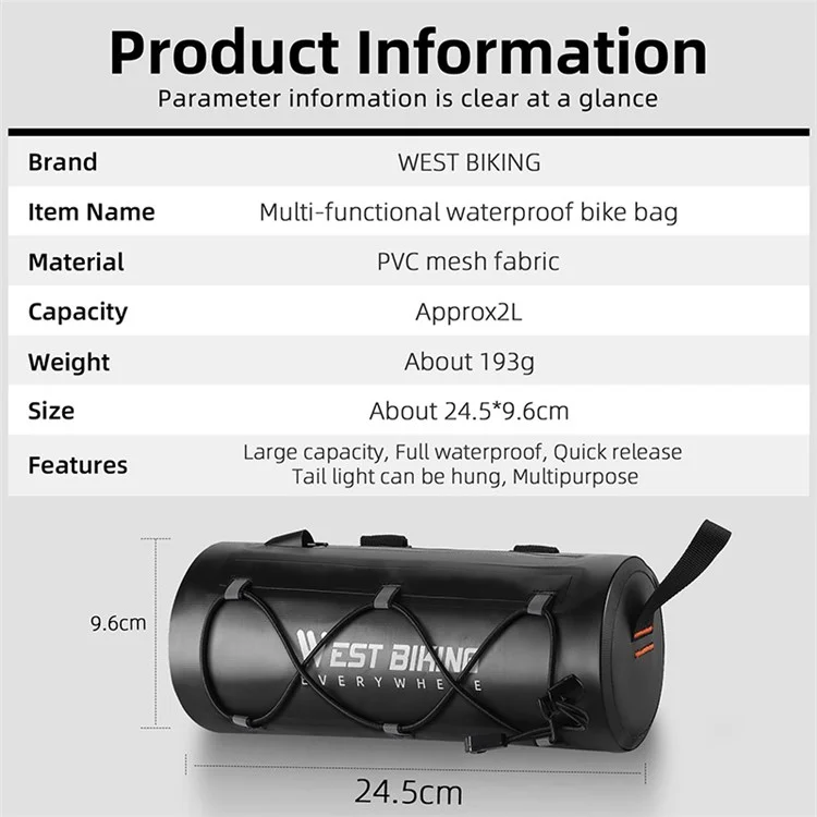 WEST BIKING YP0707326 Multifunctional 2L Large Capacity Bicycle Handlebar Bag Waterproof Bike Storage Pouch