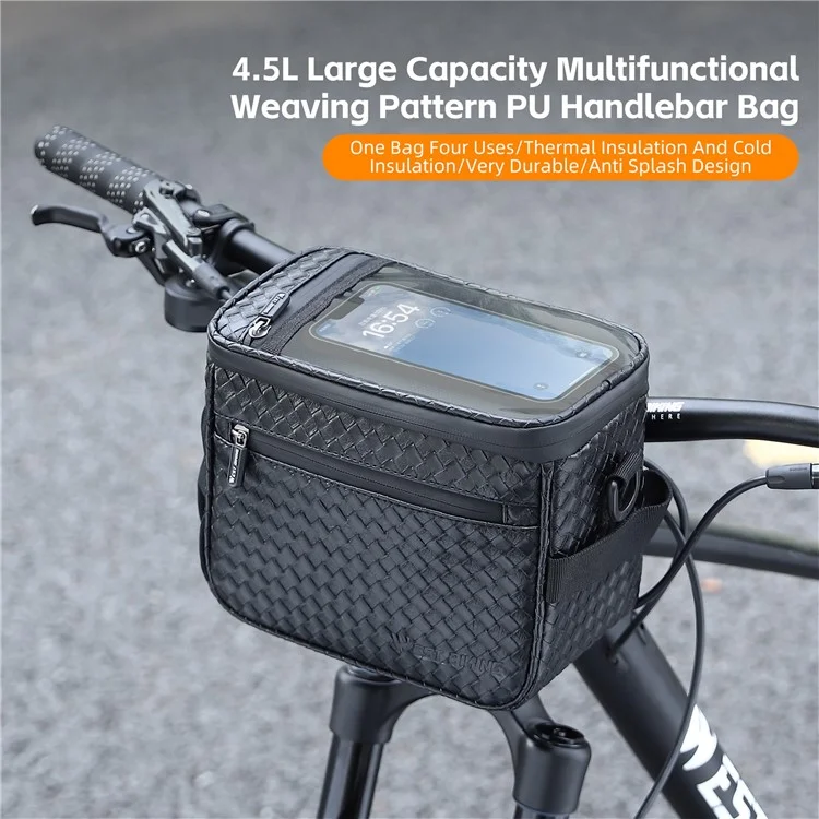WEST BIKING YP0707334 PU Leather Bike Handlebar Insulation Bag Touch Screen Phone Pouch Bicycle Front Storage Bag