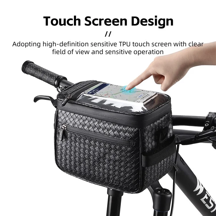 WEST BIKING YP0707334 PU Leather Bike Handlebar Insulation Bag Touch Screen Phone Pouch Bicycle Front Storage Bag