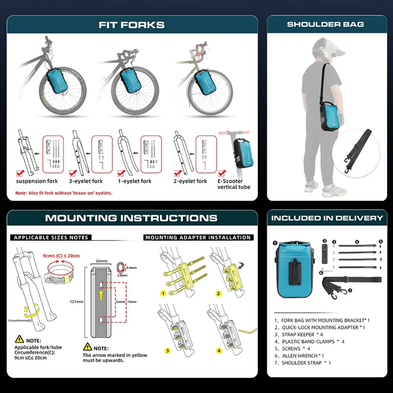 RHINOWALK RK406 6L Bike Front Fork Bag Waterproof Nylon Polyester Bicycle Quick-Release Hanging Bag for Outdoor Cycling - Blue