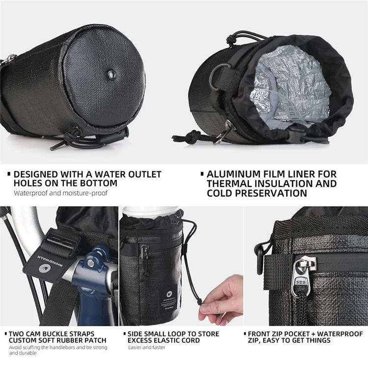 RHINOWALK RK24933 Bolsa de manillar de bicicleta de poliéster para almacenamiento de alimentos y snacks, con soporte para botella de agua, para bicicleta de turismo y transporte - Negro