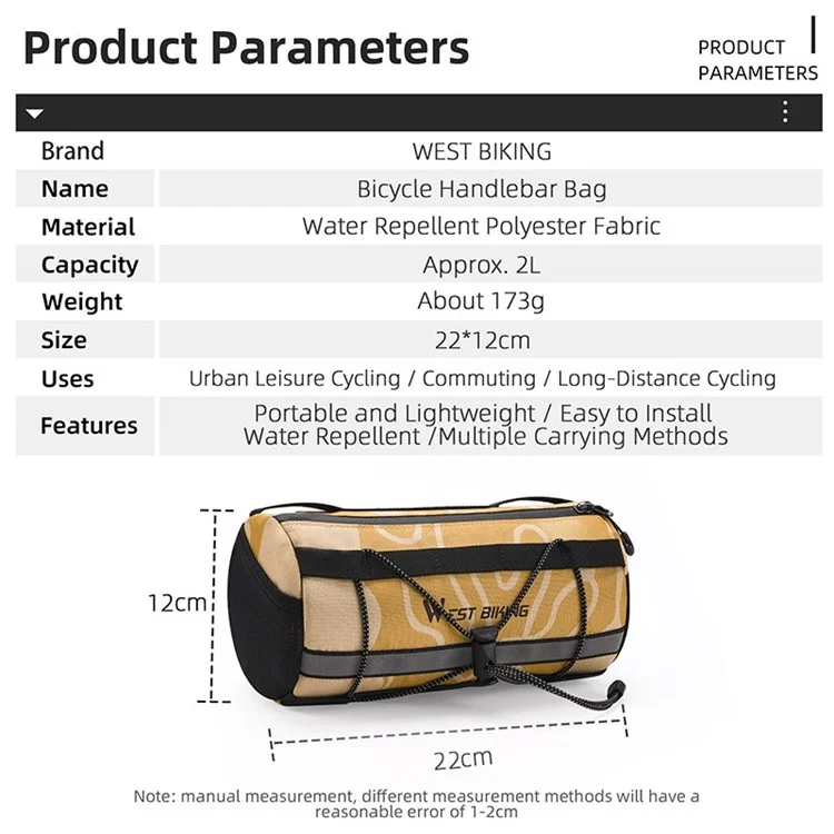 WEST BIKING YP0707329 Cycling Bicycle Handlebar Cylinder Bag Polyester Bike Front Storage Bag