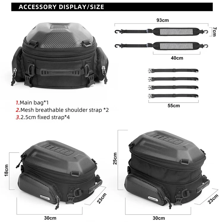 RHINOWALK MTR4001 Expandable Motorcycle Hard Shell Tail Bag Motocross Trunk Tail Bag - Carbon Fiber Black