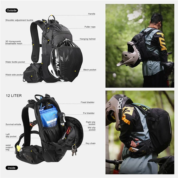 RHINOWALK RK8202 12L Hiking Backpack Breathable Travel Bag Camping Climbing Daypack - Black