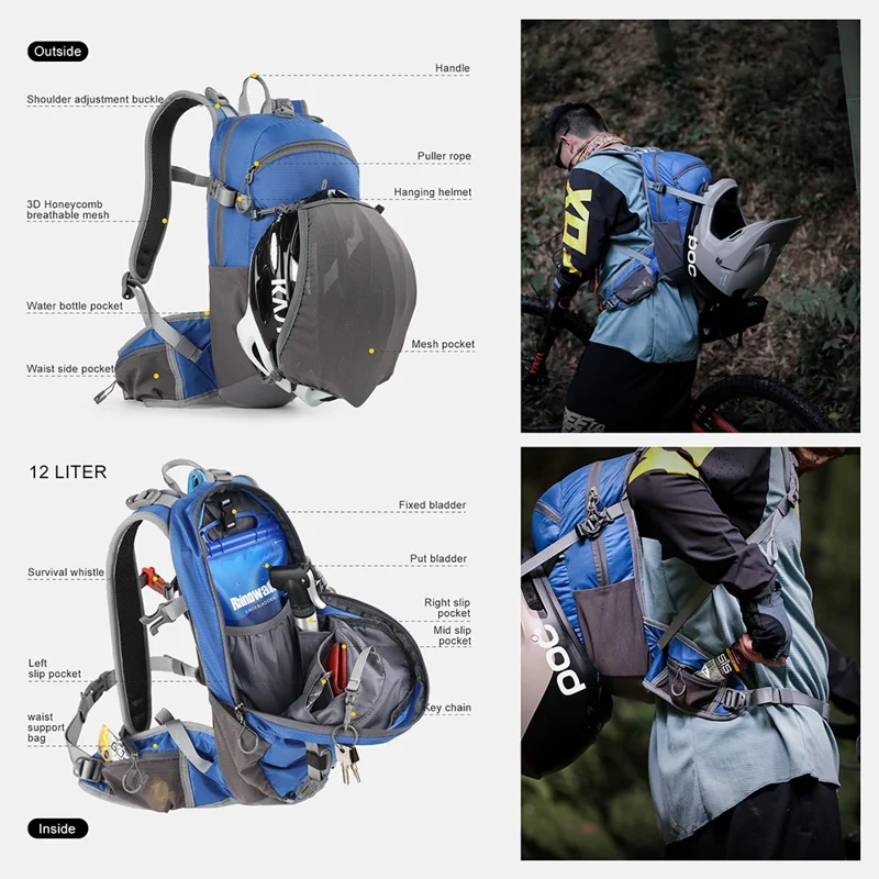 RHINOWALK RK8202 12L Hiking Backpack Breathable Travel Bag Camping Climbing Daypack - Blue