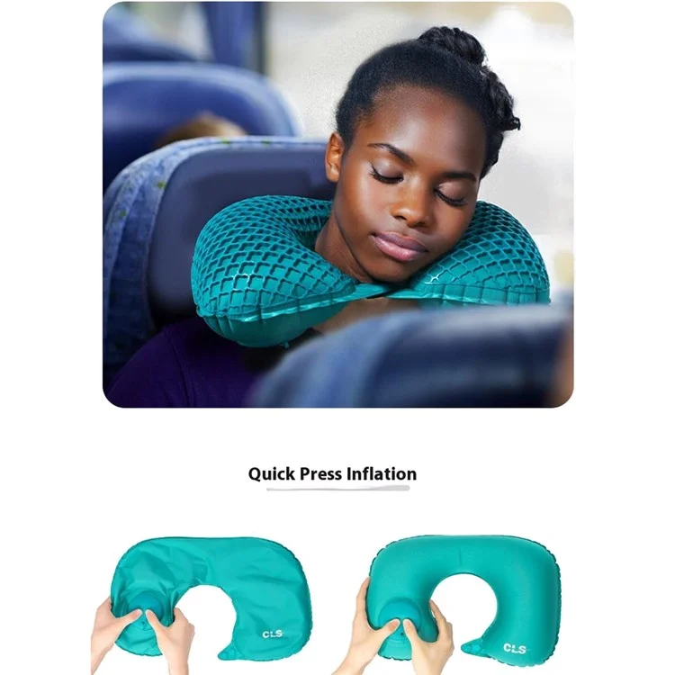 CLS Travel Neck Pillow Portable U Shape Inflatable Pillow for Airplane / Car / Train Nap Support - Peacock Blue