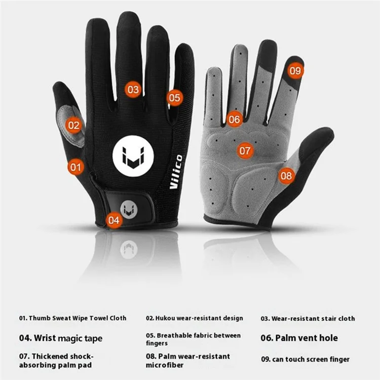 KYNCILOR 1 Pair Summer Full Finger Cycling Gloves Touch Screen Shock-Absorbed Hand Gloves - Black / L