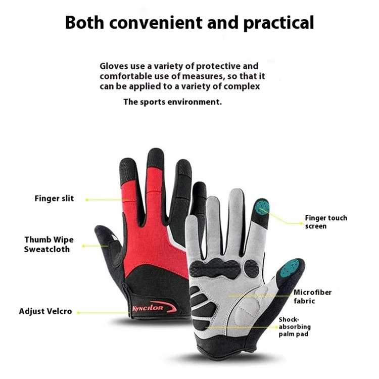 KYNCILOR A0071 1 Pair Cycling Hand Gloves Full Finger Shock-Absorbed Palm Padded Gloves - Red / M