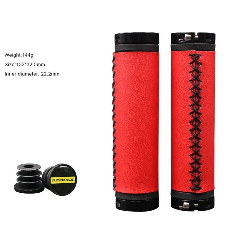 RIDERACE RN1647 Vintage Fiber Leather Bicycle Handlebar Grips with Aluminum Alloy Lock Ring and PVC Plug - Red
