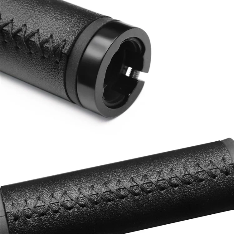 RIDERACE RN1647 Vintage Fiber Leather Bicycle Handlebar Grips with Aluminum Alloy Lock Ring and PVC Plug - Red