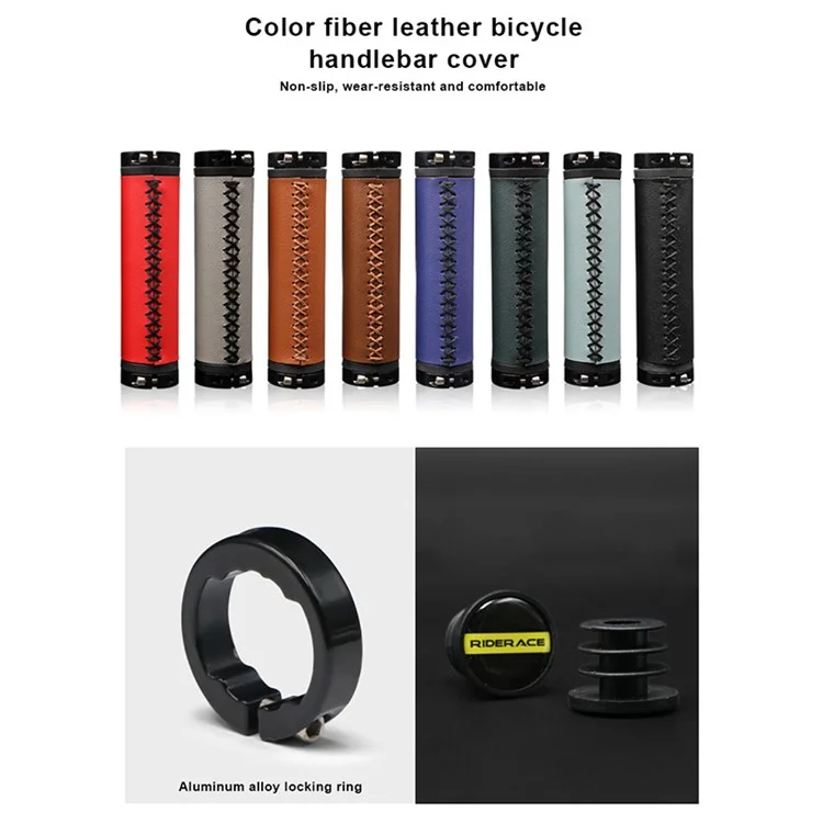 RIDERACE RN1647 Vintage Fiber Leather Bicycle Handlebar Grips with Aluminum Alloy Lock Ring and PVC Plug - Red
