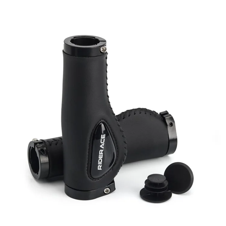 RIDERACE RR9203 PU Leather Bicycle Handlebar Grips with Liquid Silicone Palm Rest for 22.2mm Handlebars - Black