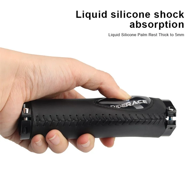 RIDERACE RR9203 PU Leather Bicycle Handlebar Grips with Liquid Silicone Palm Rest for 22.2mm Handlebars - Black