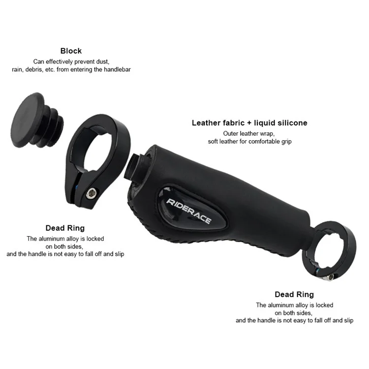 RIDERACE RR9203 PU Leather Bicycle Handlebar Grips with Liquid Silicone Palm Rest for 22.2mm Handlebars - Black