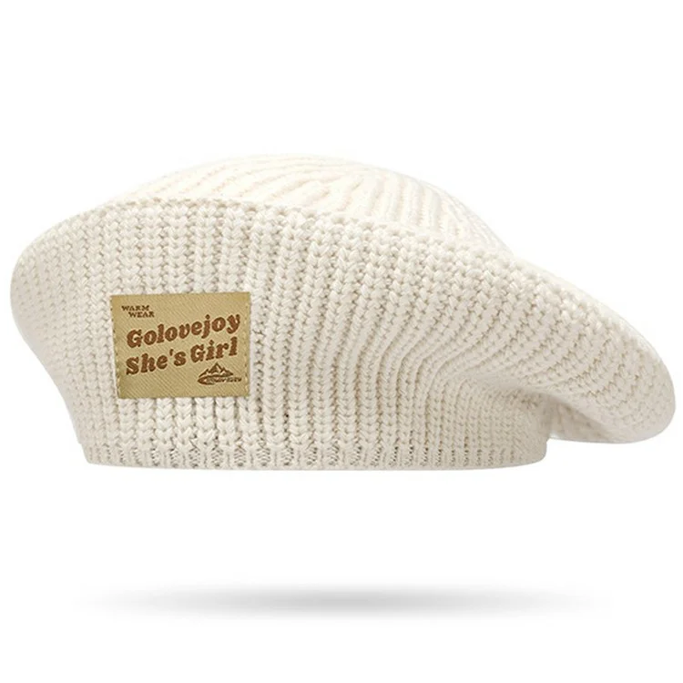 GOLOVEJOY DMZ108 Lettres Décoration Textile Femme Hiver Chapeau Chaud Elastique Coton Tricoté Béret - Beige