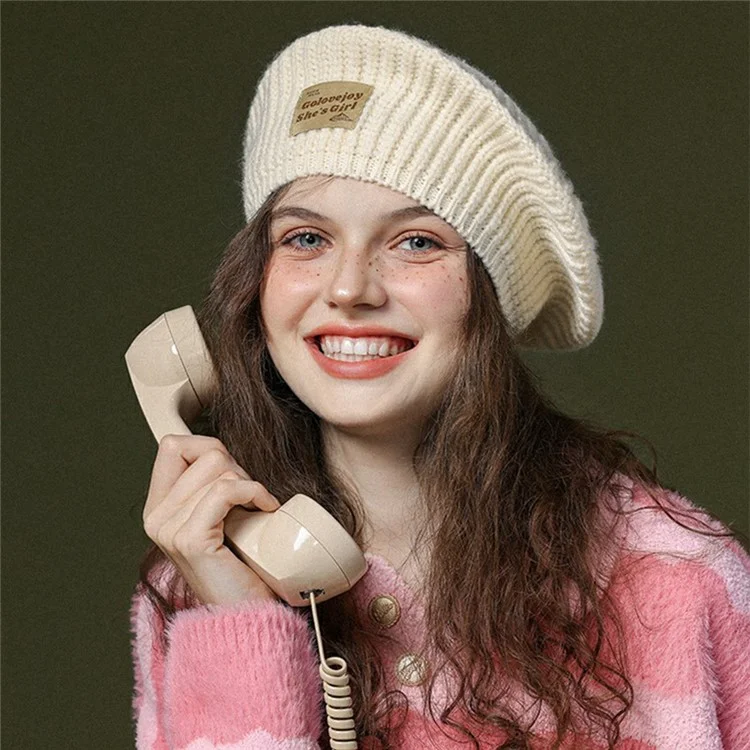 GOLOVEJOY DMZ108 Lettres Décoration Textile Femme Hiver Chapeau Chaud Elastique Coton Tricoté Béret - Beige