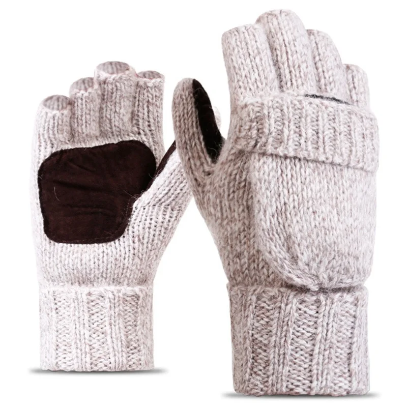DZ07 Unisex Winter Cycling Warm Wool Gloves Half Finger Knitted Gloves with Flip Cover - Beige