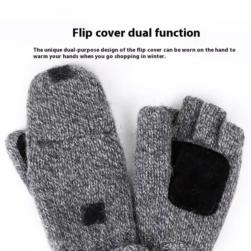 DZ07 Unisex Winter Cycling Warm Wool Gloves Half Finger Knitted Gloves with Flip Cover - Beige
