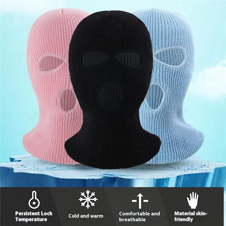 Winter Full Face Cycling Mask Outdoor Sports Three-Hole Balaclava Knitted Hat Neck Gaiter - Yellow