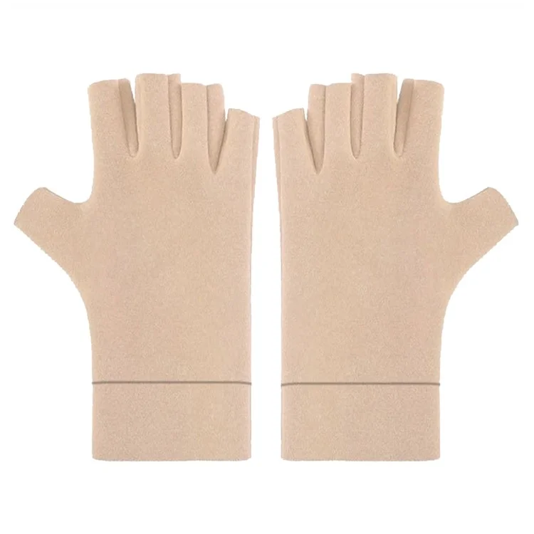 1 Pair Warm Half-finger Gloves Students Writing Cold Weather Protection Anti Arthritis Gloves - Apricot