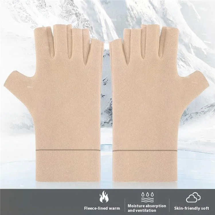 1 Pair Warm Half-finger Gloves Students Writing Cold Weather Protection Anti Arthritis Gloves - Apricot