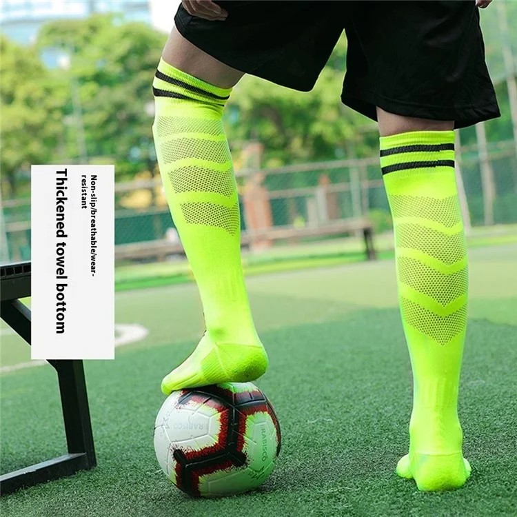 LINGTU CJM621 Meias de futebol para crianças, antiderrapantes e de tubo alto, para outono e inverno, tamanho S: 28-33 - Azul