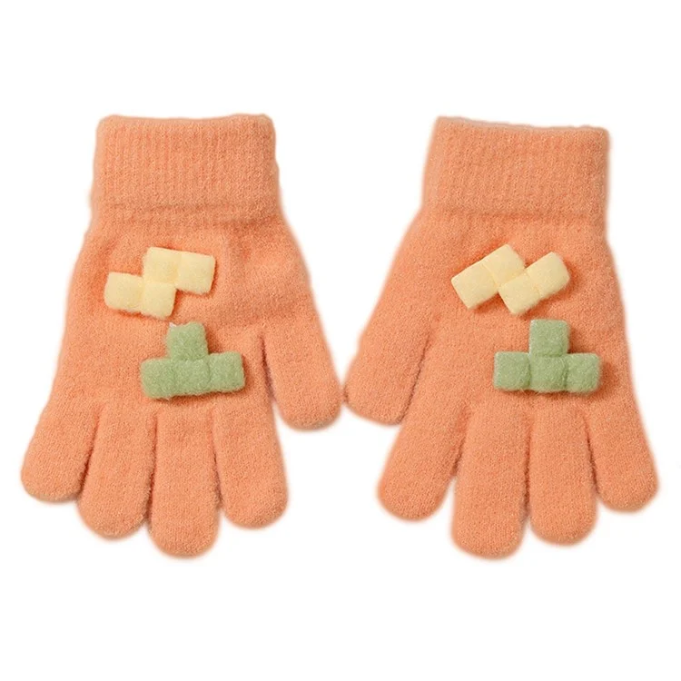 C5566 1 paio di guanti a manopola con design a blocchi di costruzione lavorati a maglia, guanti invernali per bambini da esterno - Arancione