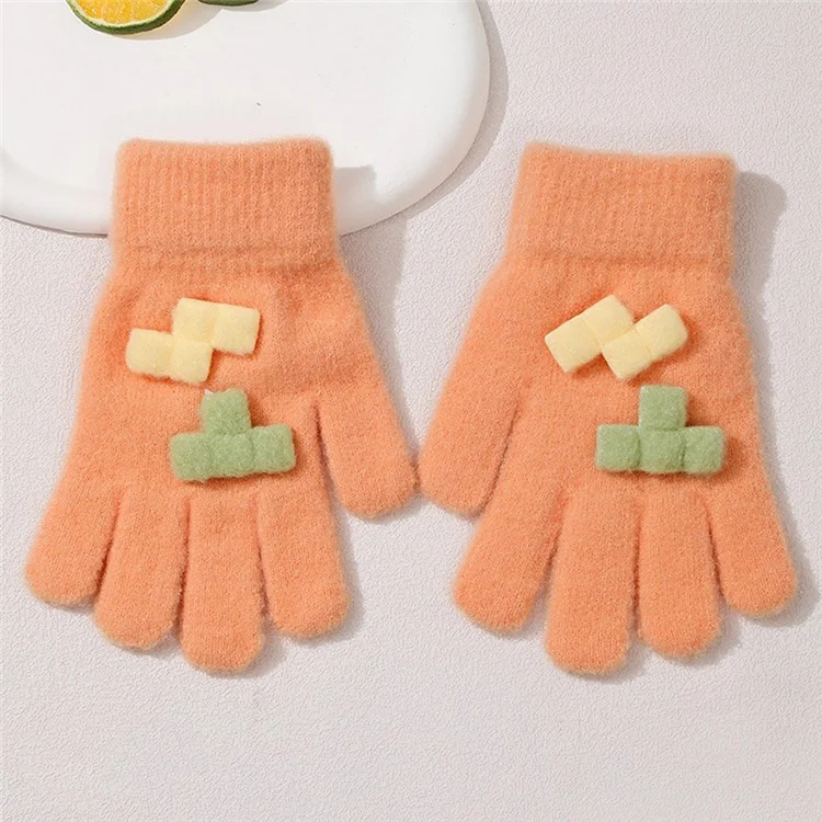 C5566 1 paio di guanti a manopola con design a blocchi di costruzione lavorati a maglia, guanti invernali per bambini da esterno - Arancione