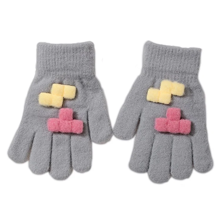 C5566 1 Pair Building Block Design Knitted Full Finger Mittens Outdoor Winter Gloves for Children - Grey