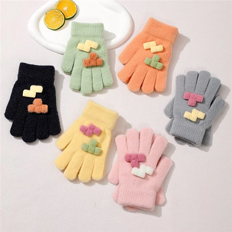 C5566 1 Pair Building Block Design Knitted Full Finger Mittens Outdoor Winter Gloves for Children - Grey