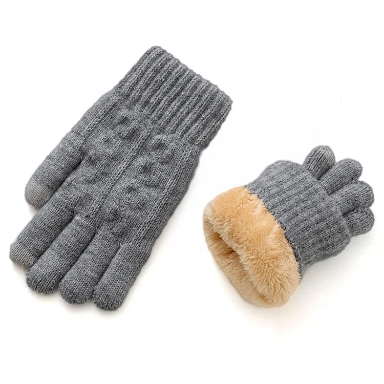 A9916 Polar Fleece Lined Men Thermal Winter Gloves Touch Screen Full Finger Knit Mittens - Light Grey