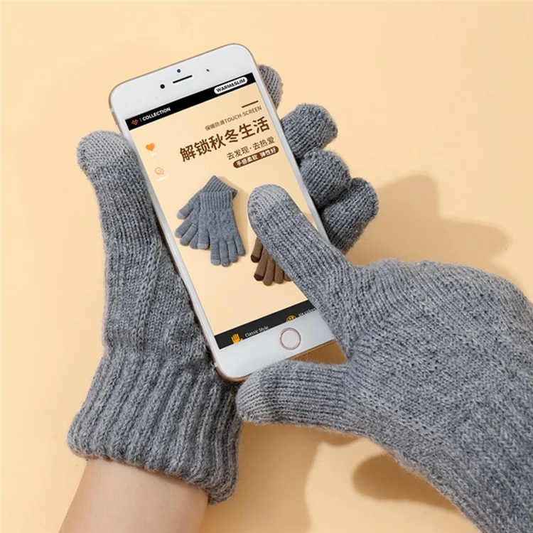 A9916 Polar Fleece Lined Men Thermal Winter Gloves Touch Screen Full Finger Knit Mittens - Light Grey
