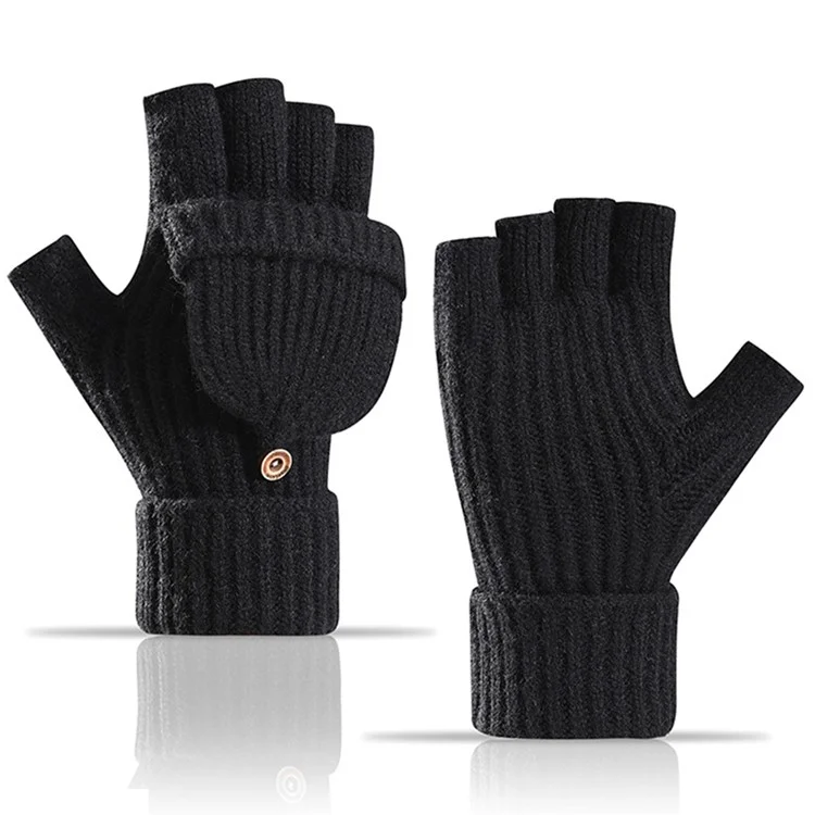 D6603 1 Pair Flip Top Fingerless Gloves Thicken Knitted Mittens for Autumn Winter - Black