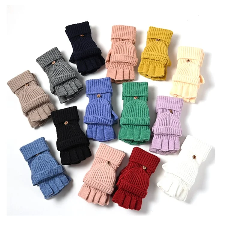 D6603 1 Pair Flip Top Fingerless Gloves Thicken Knitted Mittens for Autumn Winter - Black