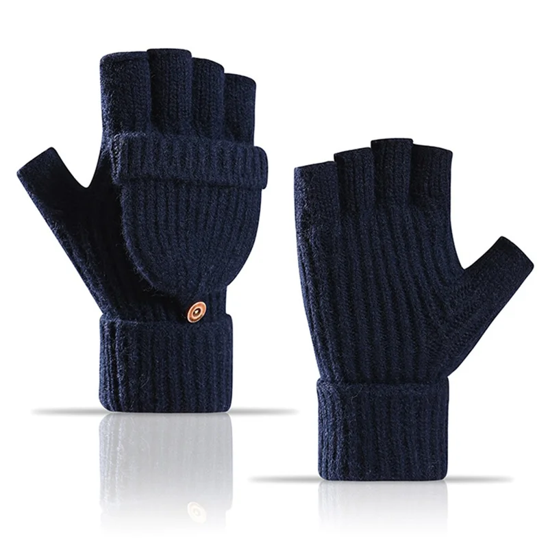 D6603 1 Pair Flip Top Fingerless Gloves Thicken Knitted Mittens for Autumn Winter - Navy Blue