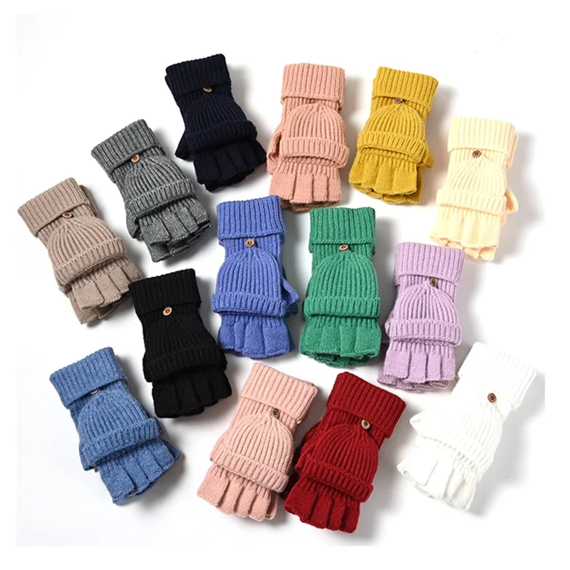 D6603 1 Pair Flip Top Fingerless Gloves Thicken Knitted Mittens for Autumn Winter - Navy Blue